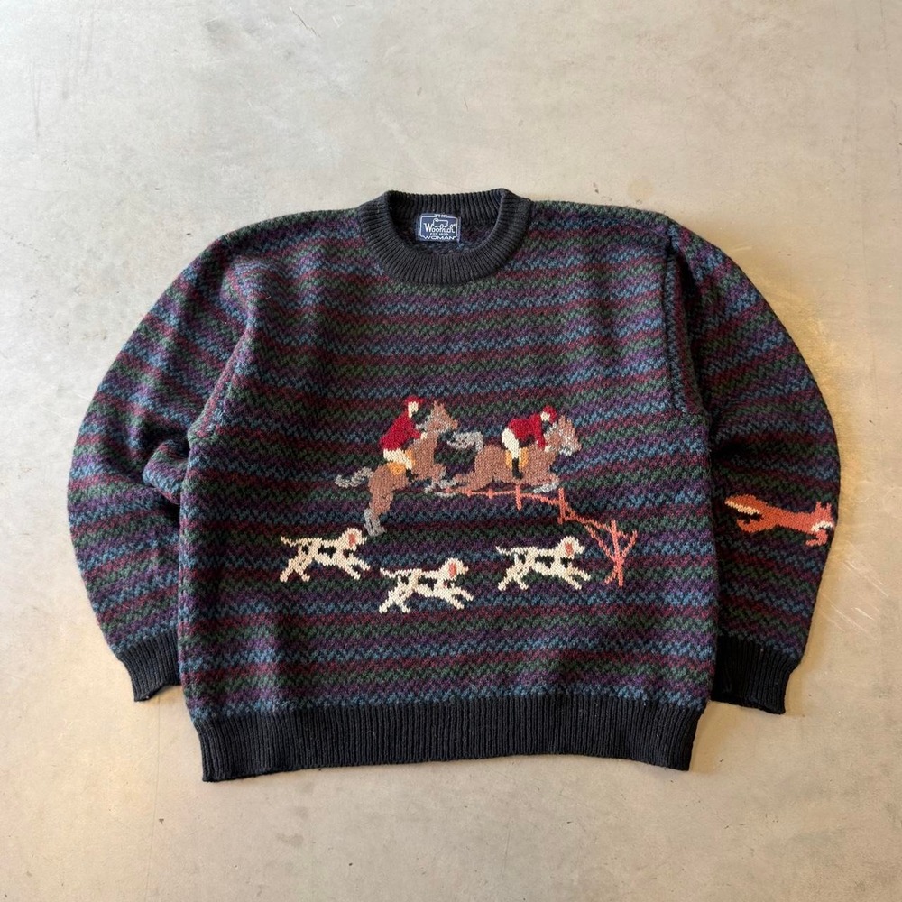 Vintage 80s 90s Woolrich Equestrian Fox Hunt Chunky Knit Novelty Wool Sweater M